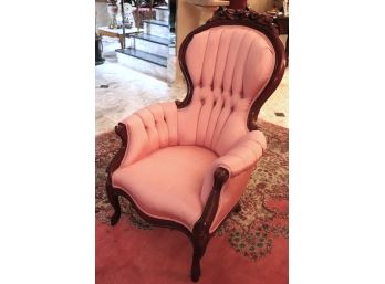 Pretty Carved Victorian Style Tufted Arm Chair With Custom Pink Upholstery