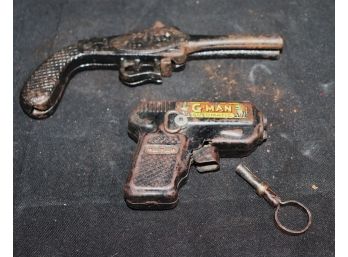 Vintage Gman Automatic Wind-Up Toy Pistol, Cast Metal Double Barrel Boot Jack Pistol