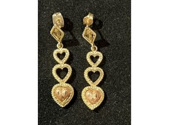 14K YG PAIR OF DANGLING HEART EARRINGS WITH ROSE GOLD FILLED HEART