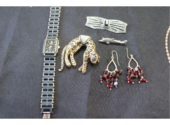 Collection Of Womens Jewelry Includes A Jaguar Pin, Seiko Watch, Sterling Bow & Dolphin Pin