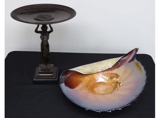 Heavy Metal Bronze Finished Art Deco Stand & Art Glass Bowl With Shell Shape Design