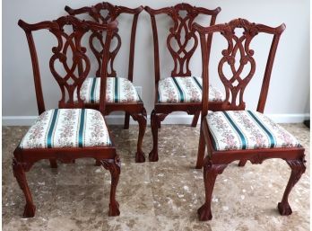 Set Of 4 Carved Chippendale Style Wood Chairs With Stitched Floral Upholstery