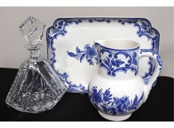 Pretty Tiffany & Co Delft Blue & White Pitcher/Tray Set Madi In Portugal & Block Crystal Decanter With Stopper