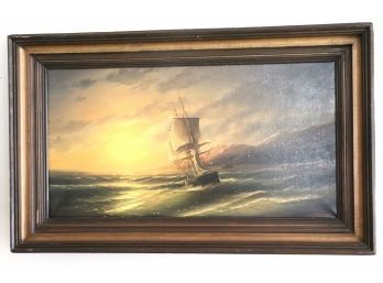 Framed Painting Signed By Artist Of Vintage Sailboats In The Distance At Sunset/Rise