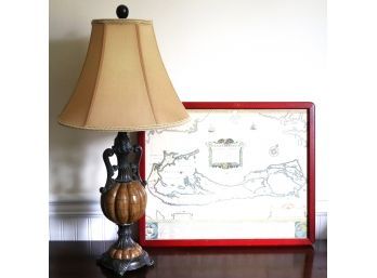 Map Replica Of Long Island In Frame Includes Table Lamp