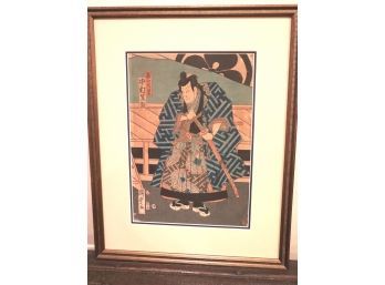 Japanese Woodblock Print Double Matted By Kunisada, Nice Vintage Condition In A Quality Gold Frame