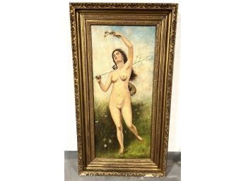 Vintage Nude Painting On Canvas Of Young Woman With Mandolin Running Through Grassy Flower Field
