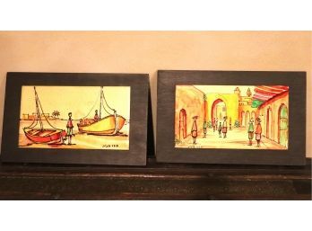 Pair Of Hand Painted Scenes Showing Israeli Residential Area With People Walking In The Streets & Two Boats