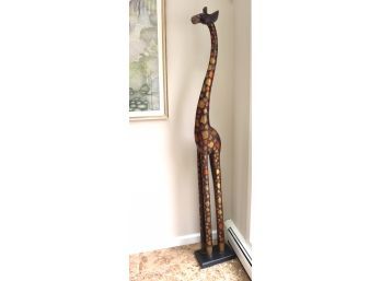 Tall Painted Giraffe Sculpture Carved From Wood Stands 74 Inches Tall