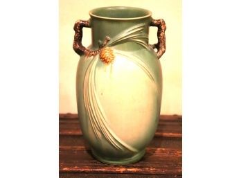 Roseville Pinecone Pattern Vase With Two Handles In A Pretty Green Shade And Signed On Bottom