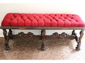 Highly Carved Bench With A Tufted Red Fabric Upholstery