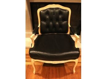 Tufted Arm Chair With Black Leather And Studding Around Arms And Seat Back. Pretty French Style Legs & Detaili