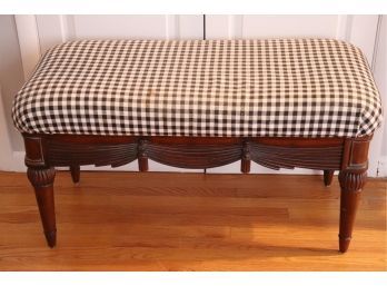 Small Carved Wood Bench  With Gingham Style Fabric
