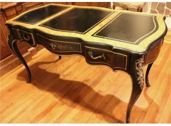Pretty Black French Style Desk With Bronze Ormolu & Burl Detailing, Three Leather Top Pieces With Gold Trim