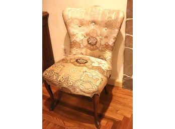 Beautifully Upholstered Chair With Sand Colored Tones, Intricate Pattern & Light Tufting On Seat Back