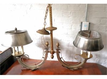 Burnished Chrome & Brass Toleware Ceiling Fixture WithLeaf Design On Bottom 38 Inches X 29 Inches