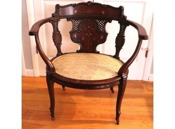 Empire Antique Carved Parlor Chair With Amazing MOP Detail & Pretty Stitched Tapestry Like Floral Fabric