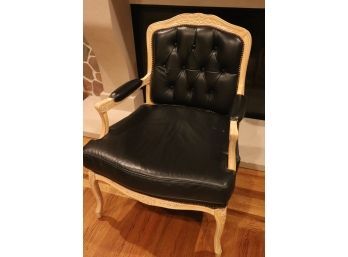 Tufted Arm Chair With Black Leather & Nail Head Accent Around Arms & Seat Back With French Style Legs & Detail