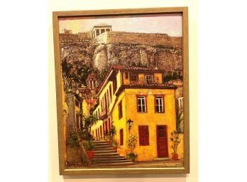 Painting Of Charming Residential Area In Greece Signed By Artist