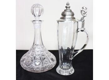 Pretty Etched Glass Decanter With A Stopper & Large Stein With Etched Lid & Rampant Lion Handle