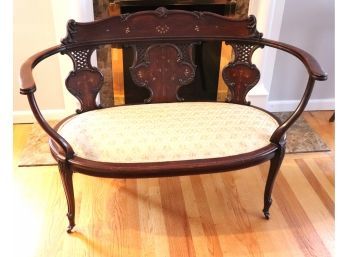 Empire Antique Carved Parlor Settee With MOP Inlay Detailing Early 20th Century