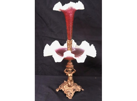 Colorful Antique Epergne On Metal Cherub