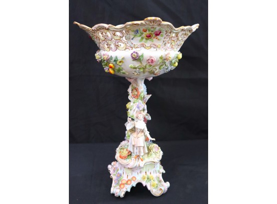 Beautifully Embellished Porcelain European Bowl On Pedestal Base With Lovely Couple & Flowers