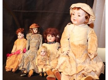 Lot Of 5 Antique German Dolls With Porcelain Heads, Glass Eyes & Leather Bodies