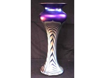 Tall, Elegant Art Glass Vase With Pulled Feather Design