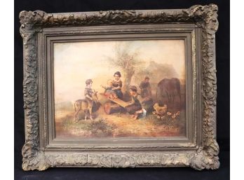 Antique German Or Austrian Oil Painting Of Children Playing