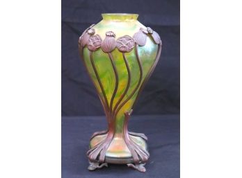 Beautiful Art Glass Vase Encased In Bronze Art Nouveau Reminiscent Of Loetz