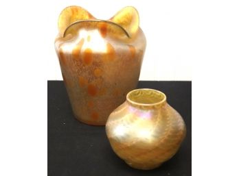 Two Iridescent Art Glass Vases In Light Gold Tones
