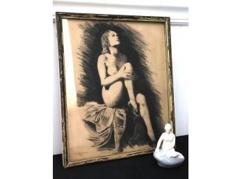 Mid Century Era Charcoal Of Nude Beauty Signed Waterman & Little Mermaid Figurine