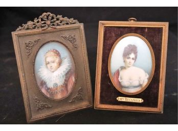 Two Hand Painted & Framed Miniature Portraits Of Madame Recamier & A Royal Lady  Signed