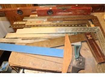 Lot Of Vintage Metal T Squares & Wooden Leveling Tools