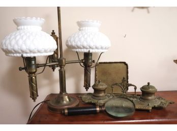 Lot Of Antique Desk Top Items With Victorian Lamp, And Brass Inkwell, Magnifying Glass & More