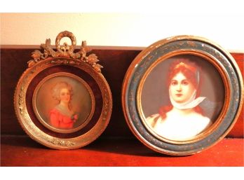 Two Hand Painted Miniature Portraits Of Elegant Ladies In Round Frames