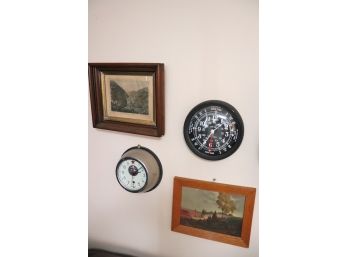 Nice Lot With Russian Wall Clock, Signed Painting, & Antique Print