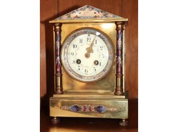 Unique Classical Shaped Brass Mantle Clock With Cloisonn Panels
