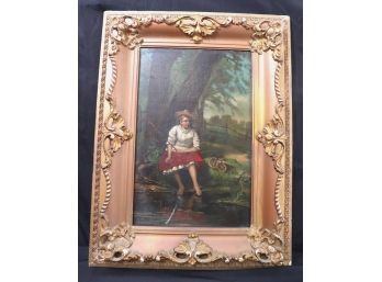 Antique Signed Oil Painting Of Young Maiden Fishing