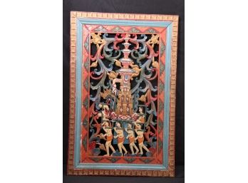 Vintage Indonesian / Balinese Colorful Wood Panel Carving