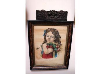 Victorian Print Of Little Daisy & Carved Wood Wall Pocket