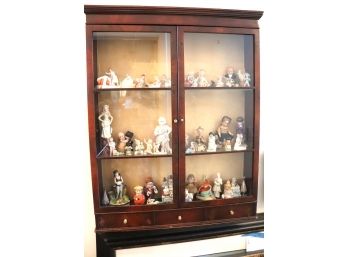 Vintage Mahogany Wall Cabinet Filled With Miniature Porcelain Figurines