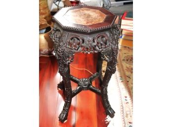 Asian Carved Wood & Marble Top Plant Stand
