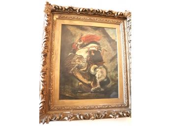 Antique Painting Of Arab Horseman Spearing A Lion In Ornate Plaster Frame