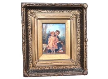 Primitive Framed Painting Of Mother & Child On Wood In Antique Frame
