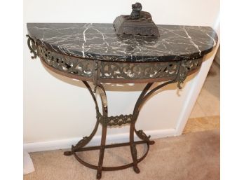 Art Deco Wrought Iron & Marble Top Console & Iron Dog Figurine
