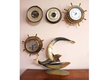 Collection Of Nautical Barometers & Fish Shaped Horns