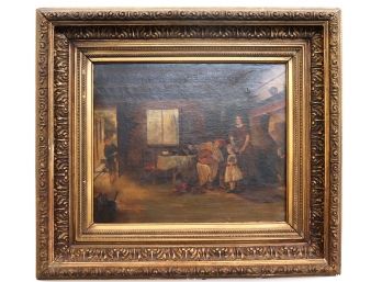 Antique Oil Painting Of Interior Scene With Family