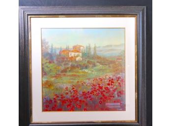 Chalk Pastel Artwork Of Provencal Countryside With Poppy Field Signed
